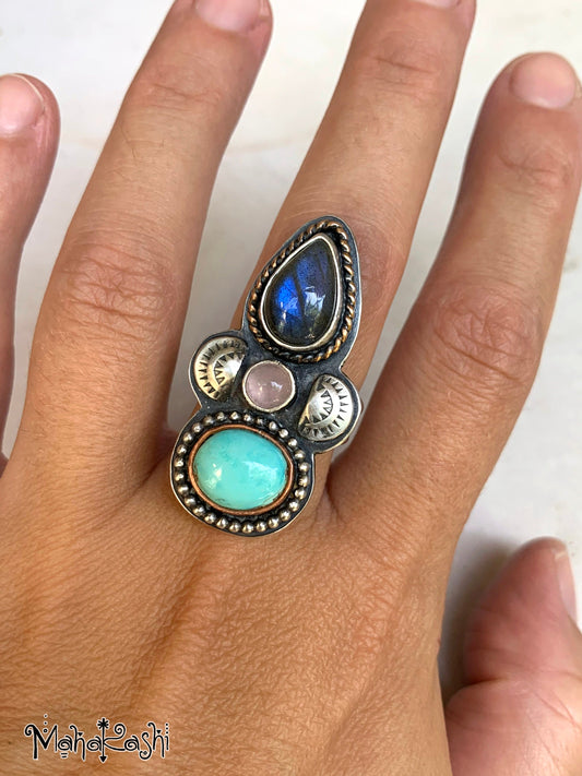 Ring with Labradorite, pink Chalcedony and Turquoise size US 7, UK O