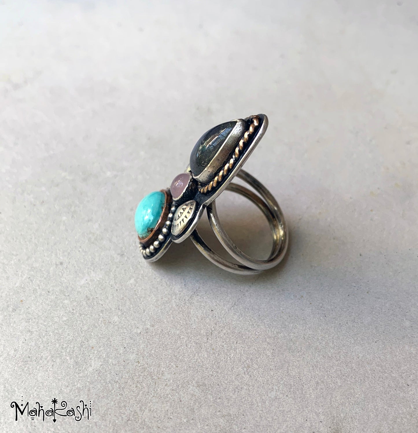 Ring with Labradorite, pink Chalcedony and Turquoise size US 7, UK O