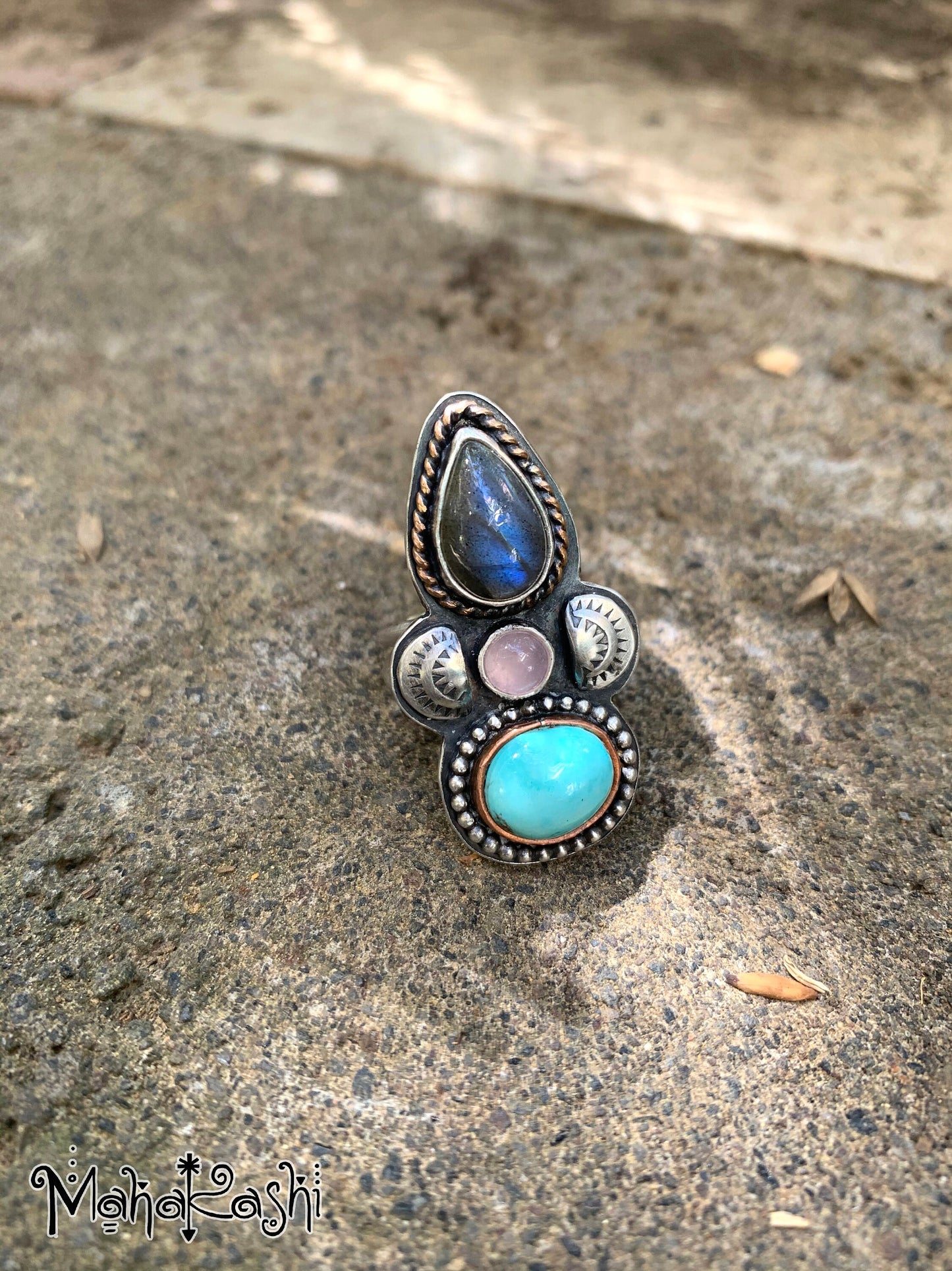 Ring with Labradorite, pink Chalcedony and Turquoise size US 7, UK O