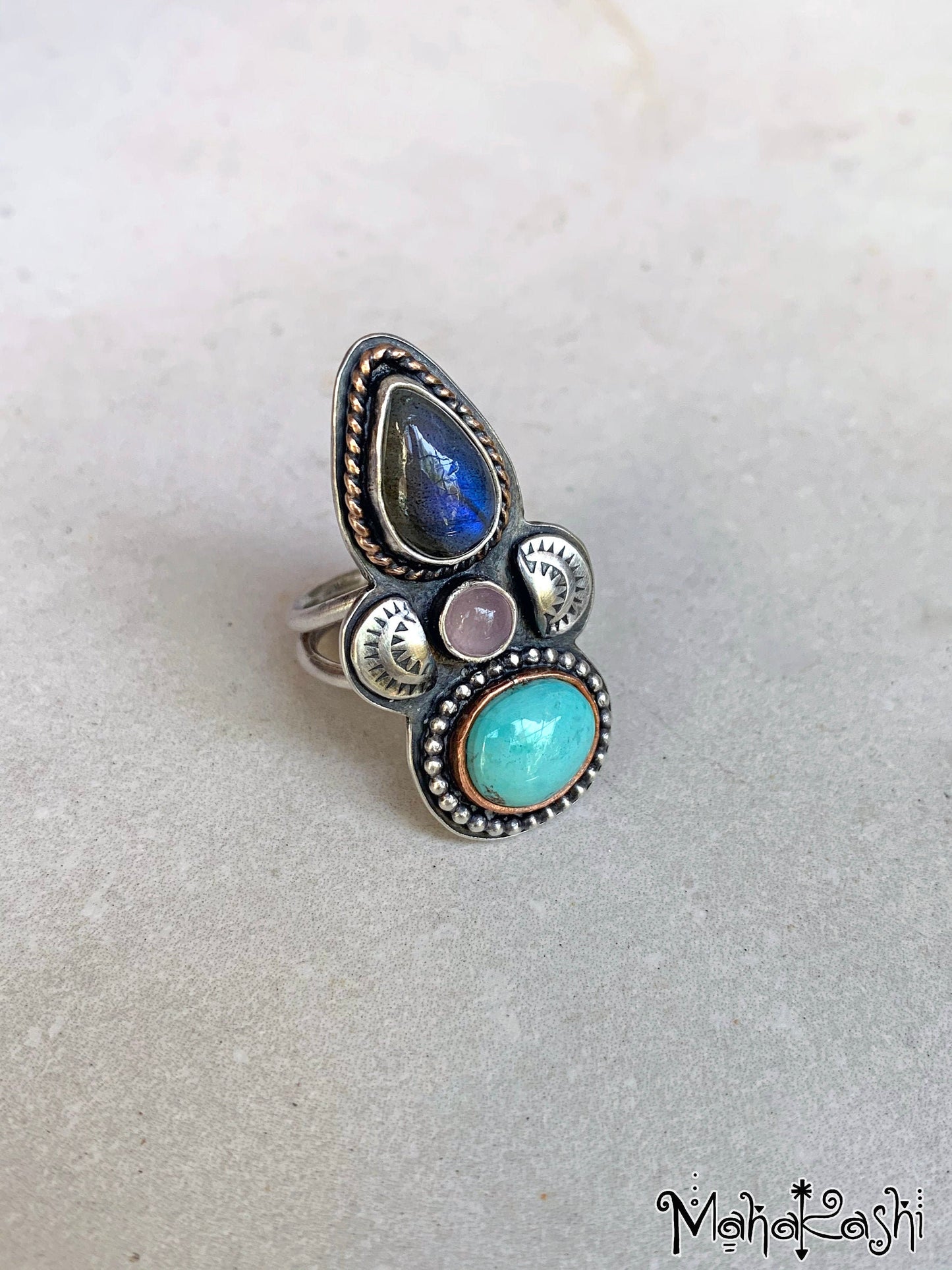 Ring with Labradorite, pink Chalcedony and Turquoise size US 7, UK O