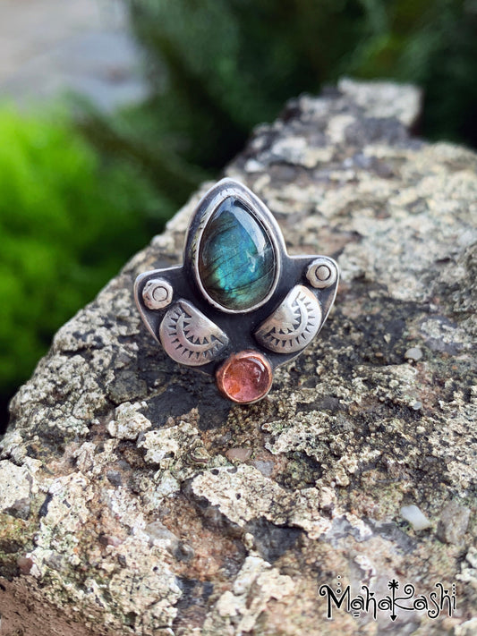 Labradorite and pink Tourmaline ring size US 8, UK Q