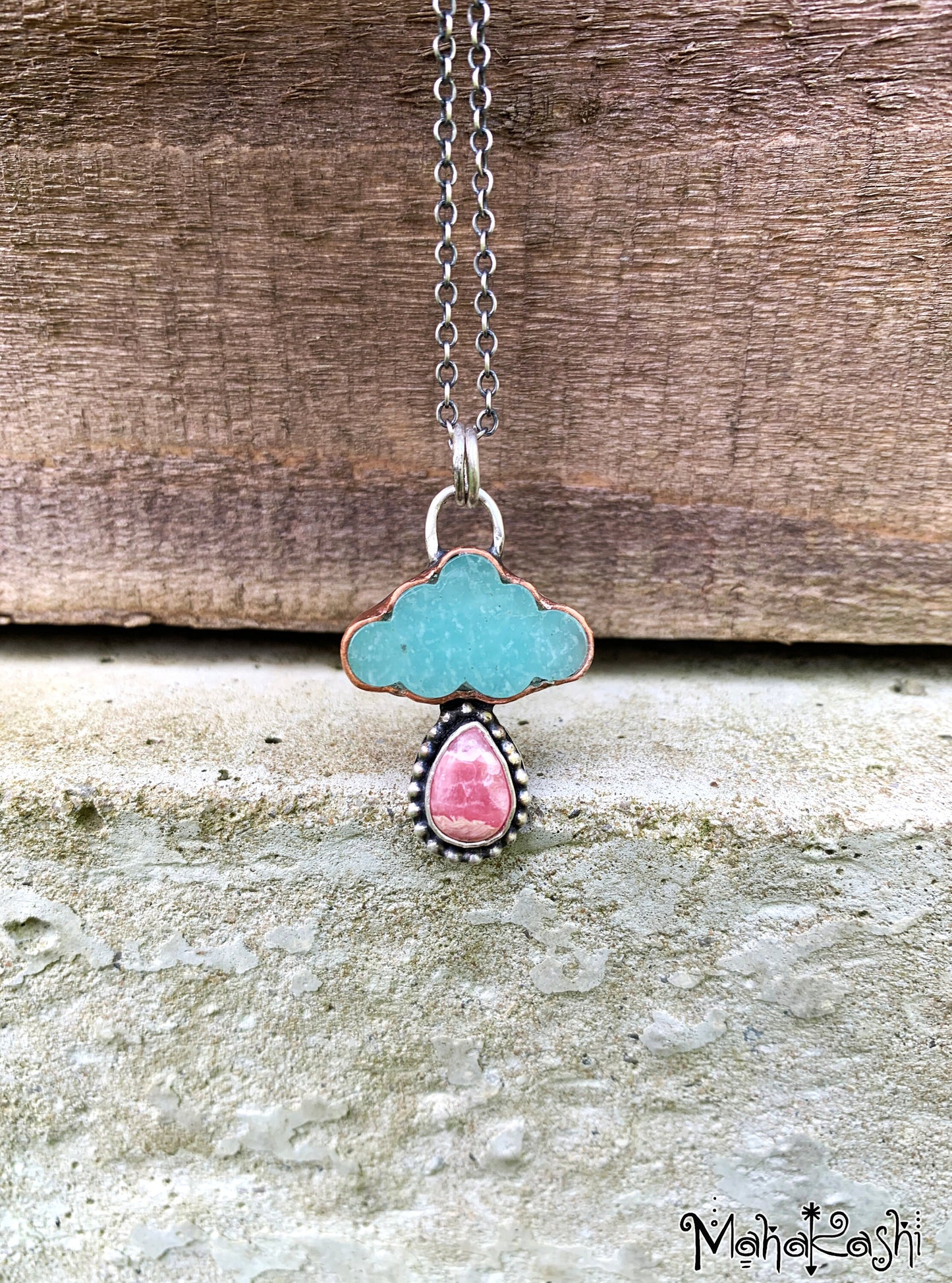 "Dreamer" pendant with Amazonite cloud and Rhodochrosite