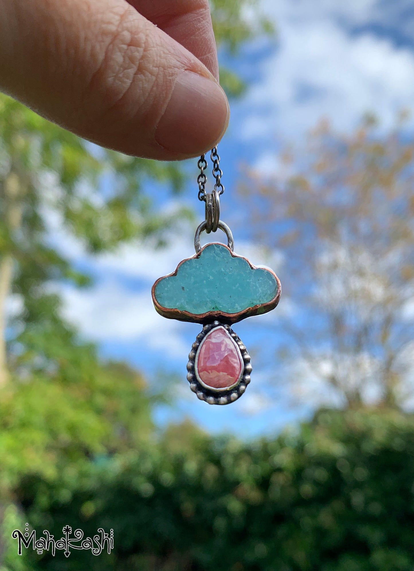 "Dreamer" pendant with Amazonite cloud and Rhodochrosite