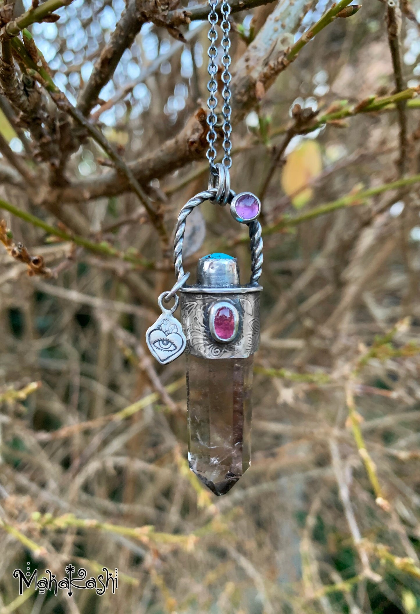 Smoky Quartz point, pink Tourmaline, Turquoise and Amethyst