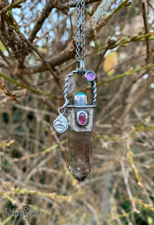 Smoky Quartz point, pink Tourmaline, Turquoise and Amethyst