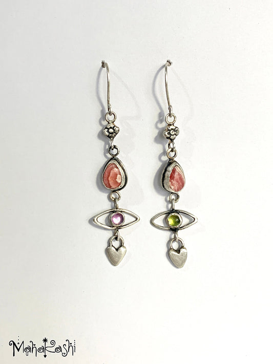 'Flower child' earrings with Rhodochrosite, Amethyst and Peridot