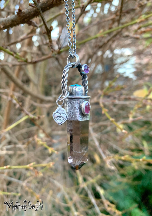 Smoky Quartz point, pink Tourmaline, Turquoise and Amethyst