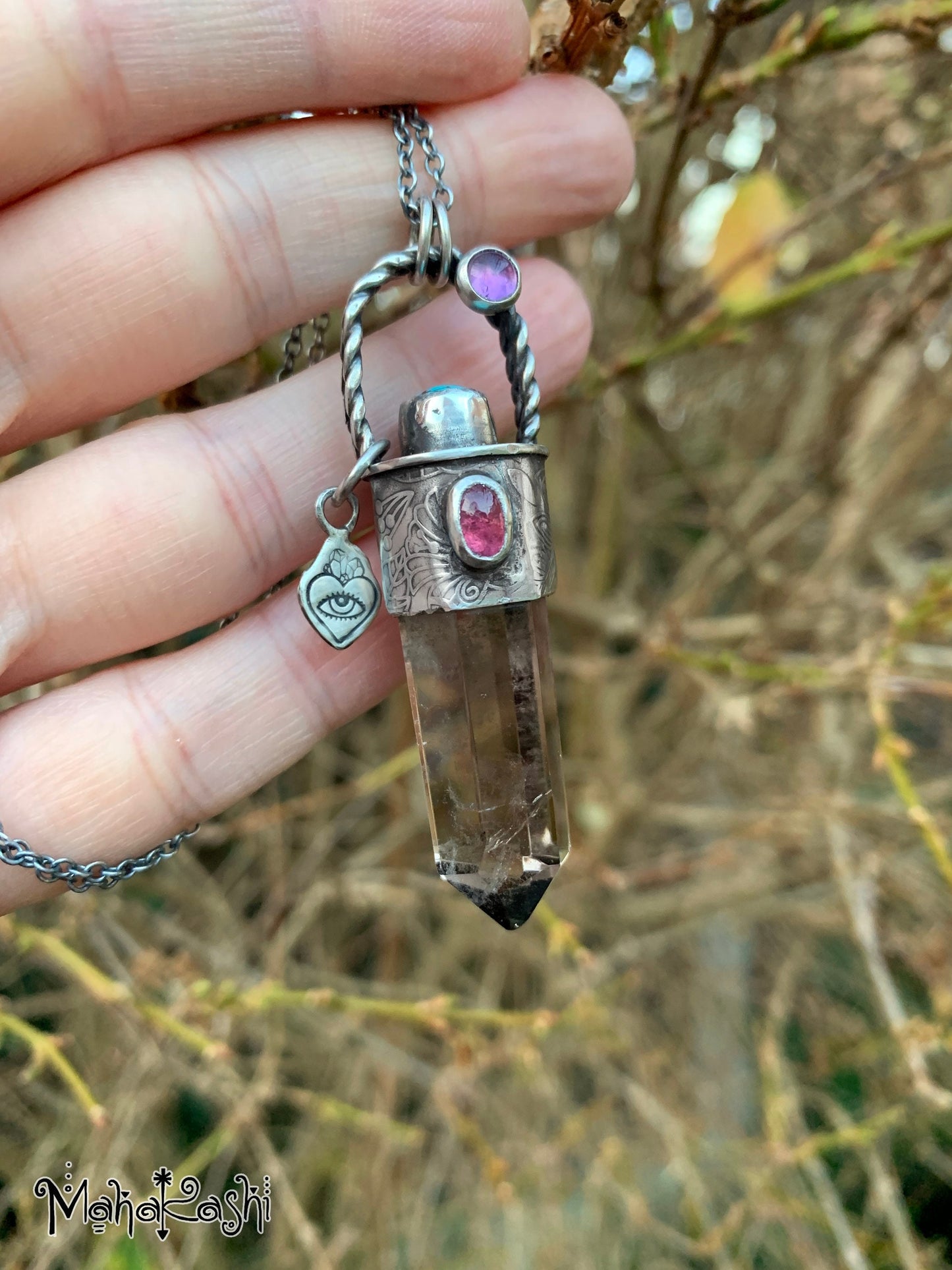 Smoky Quartz point, pink Tourmaline, Turquoise and Amethyst