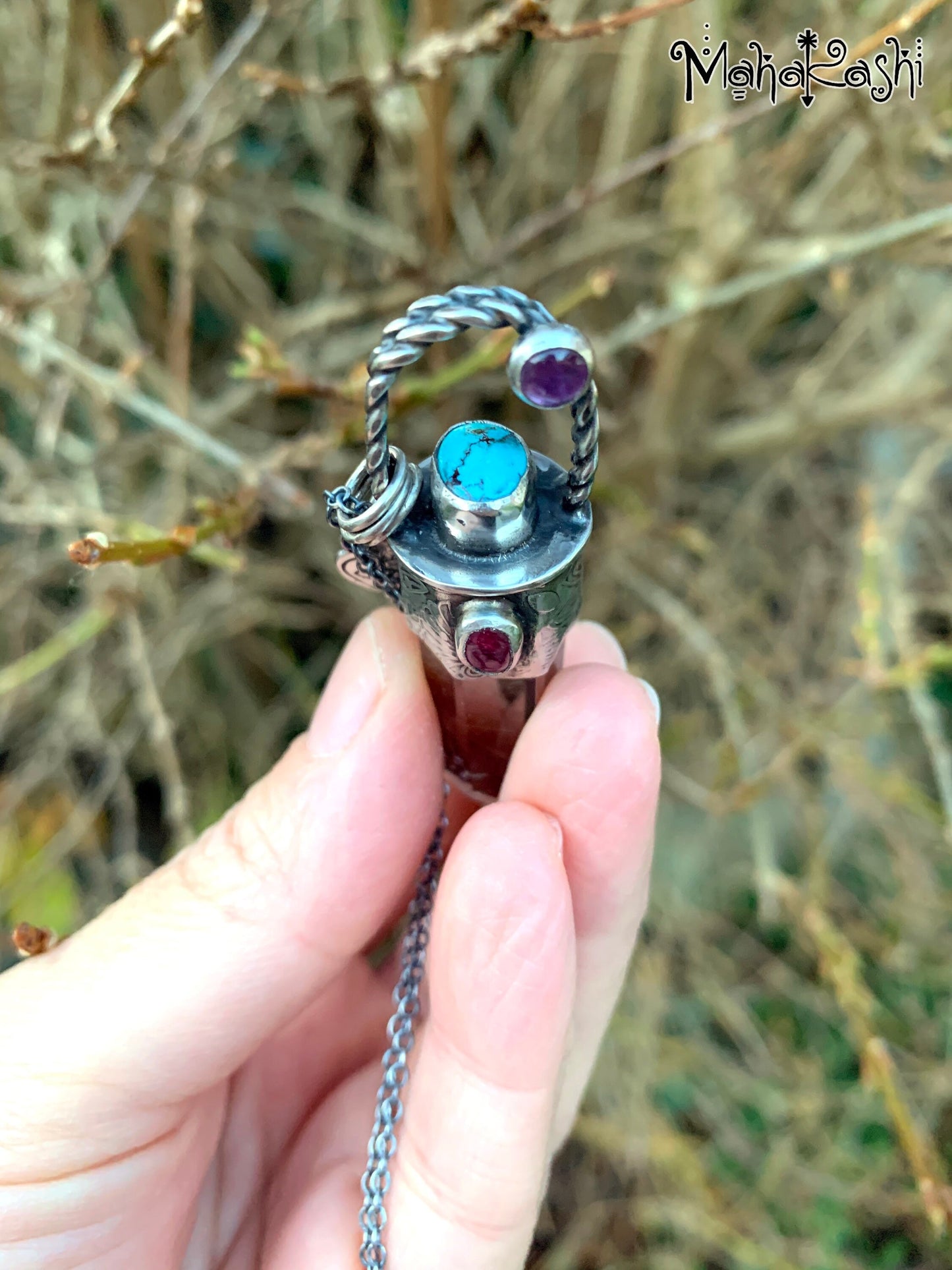 Smoky Quartz point, pink Tourmaline, Turquoise and Amethyst