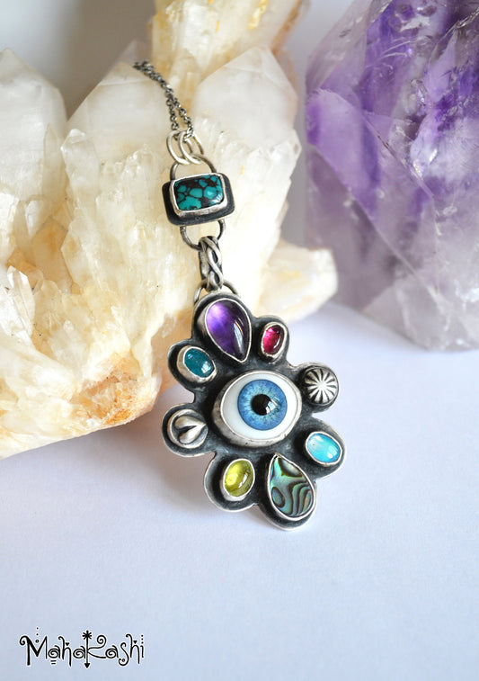 Glass Eye pendant with Turquoise,Amethyst,Opal,Apatite,Peridot,Tourmaline and Abalone shell