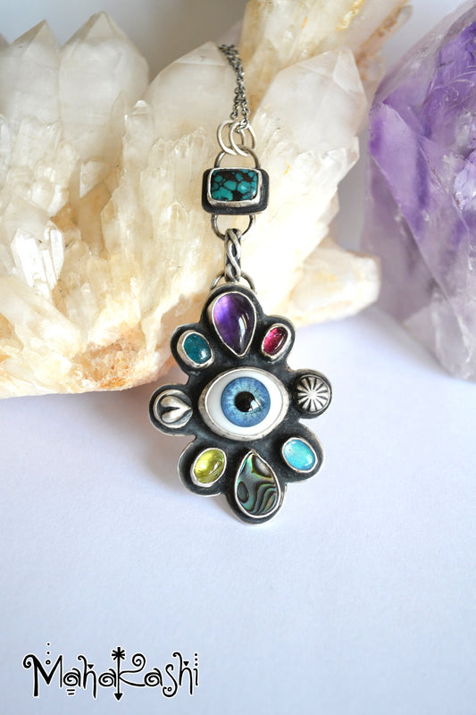 Glass Eye pendant with Turquoise,Amethyst,Opal,Apatite,Peridot,Tourmaline and Abalone shell