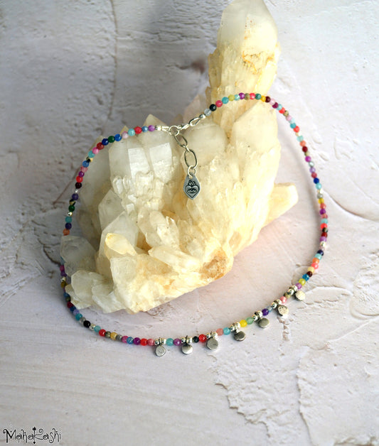 Bohemian dream necklace with mixed dainty gemstone beads and sterling silver