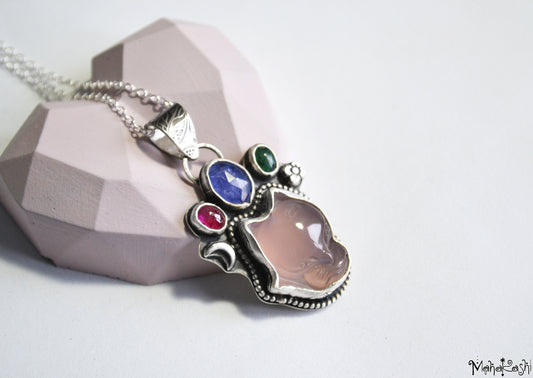 Fox pendant with Agate, Tanzanite, Emerald and Sapphire