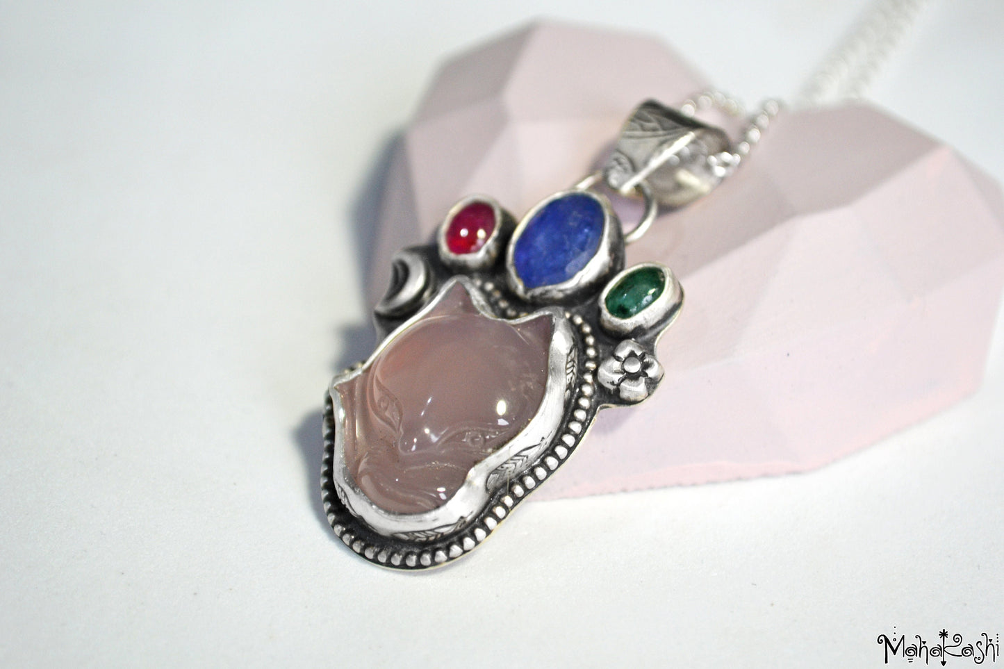 Fox pendant with Agate, Tanzanite, Emerald and Sapphire