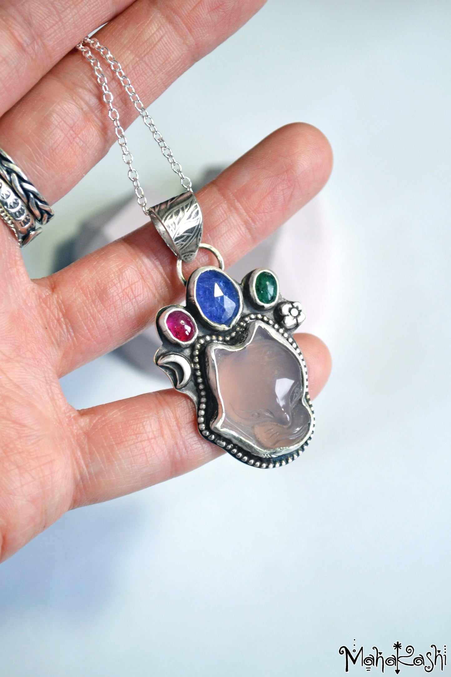 Fox pendant with Agate, Tanzanite, Emerald and Sapphire