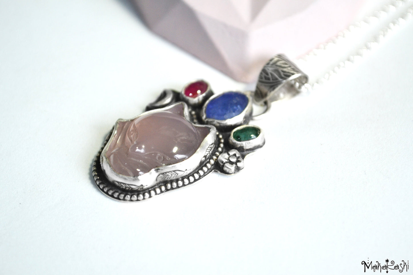 Fox pendant with Agate, Tanzanite, Emerald and Sapphire