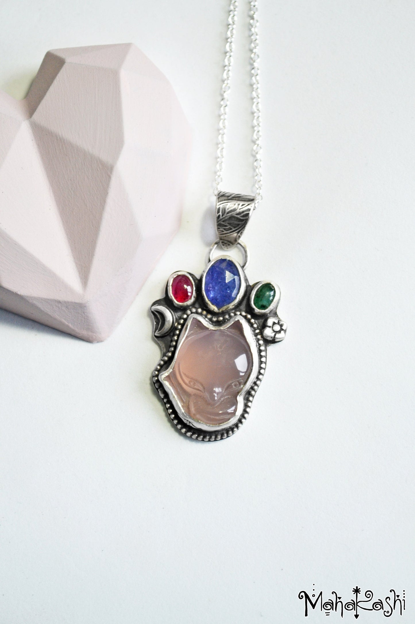 Fox pendant with Agate, Tanzanite, Emerald and Sapphire