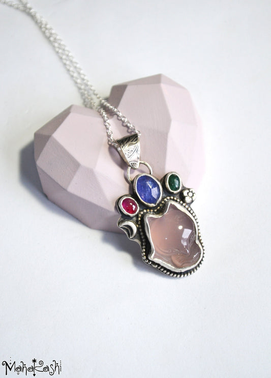 Fox pendant with Agate, Tanzanite, Emerald and Sapphire