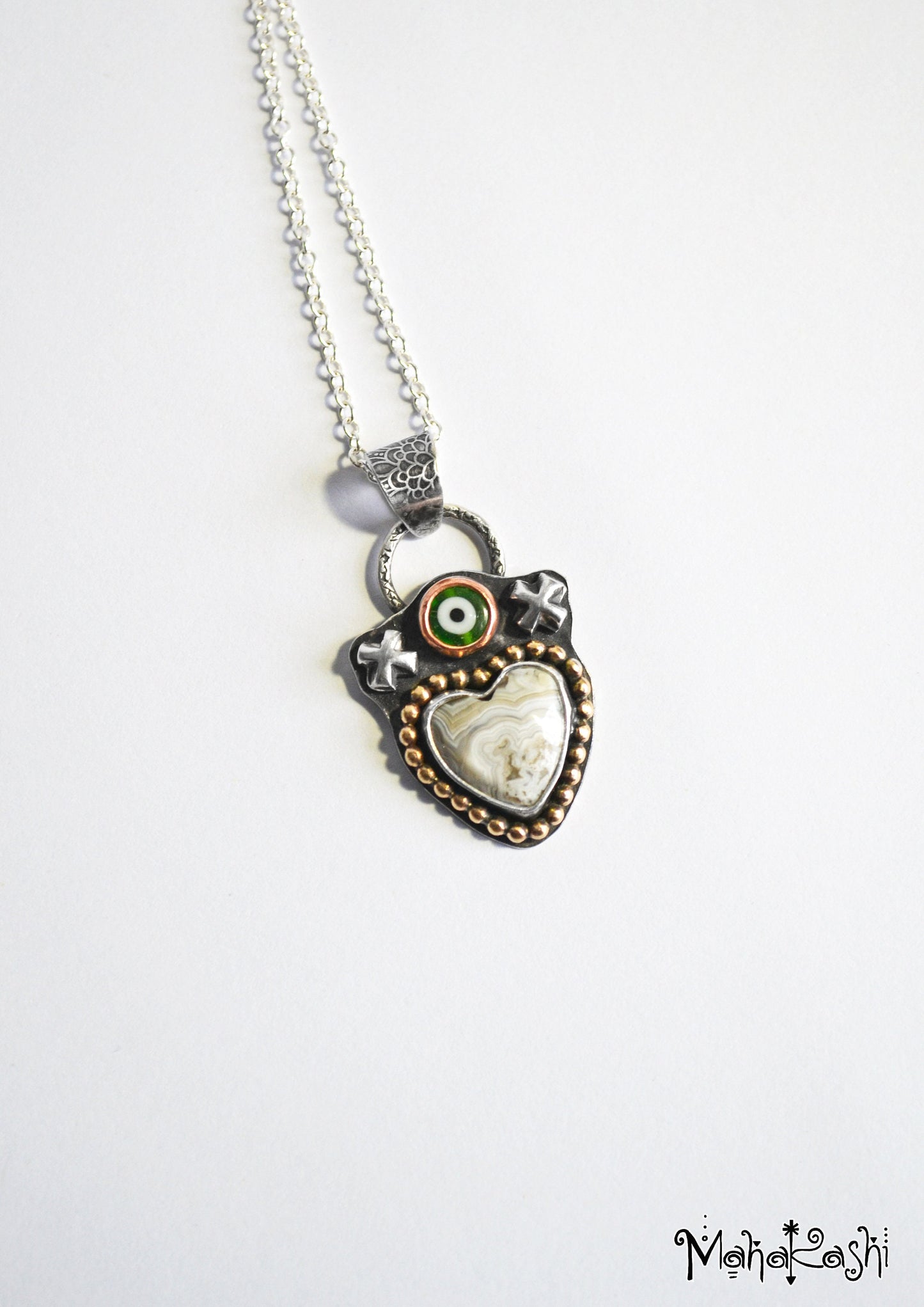 Heart pendant with crazy lace Agate and glass evil eye