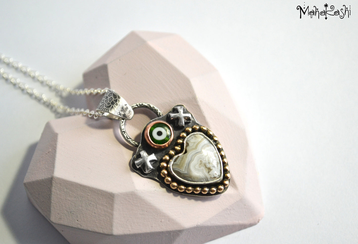 Heart pendant with crazy lace Agate and glass evil eye