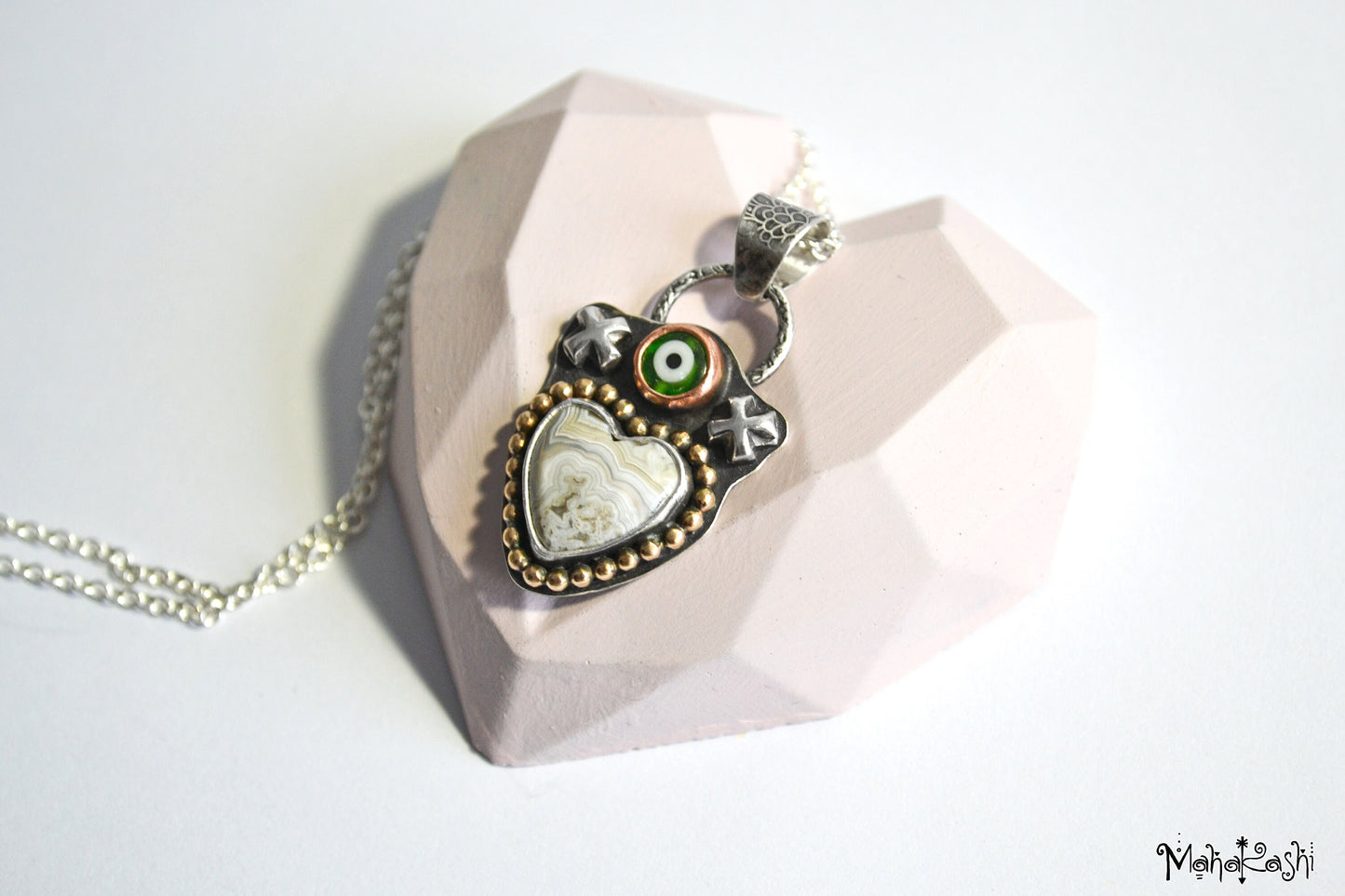 Heart pendant with crazy lace Agate and glass evil eye