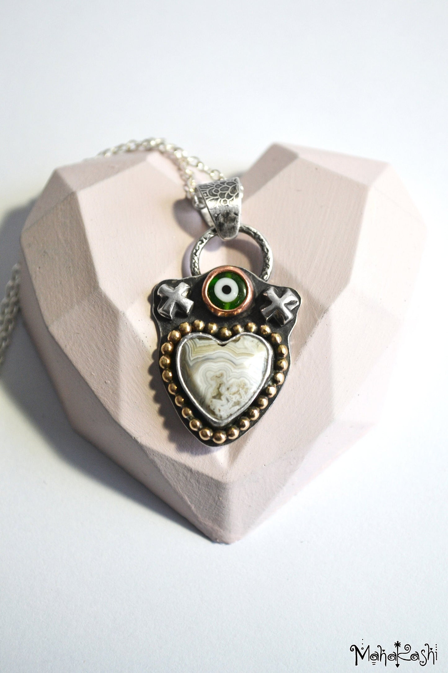 Heart pendant with crazy lace Agate and glass evil eye