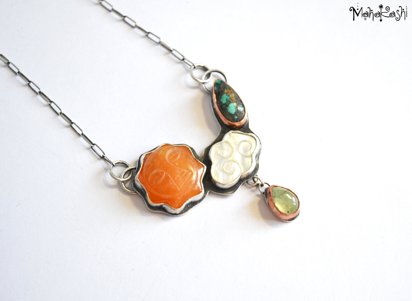 Sun and cloud necklace with Agate sun,Turquoise, Mother of pearl and Prenhite