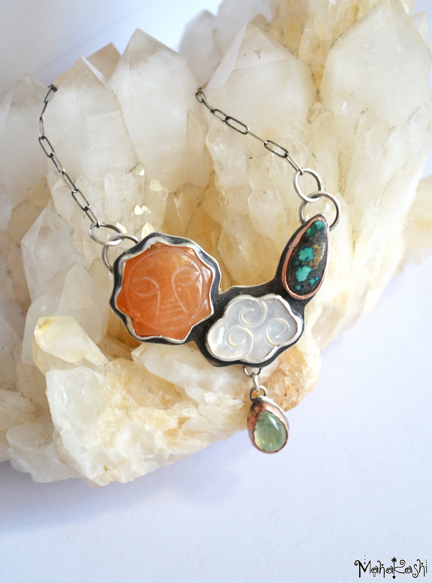 Sun and cloud necklace with Agate sun,Turquoise, Mother of pearl and Prenhite