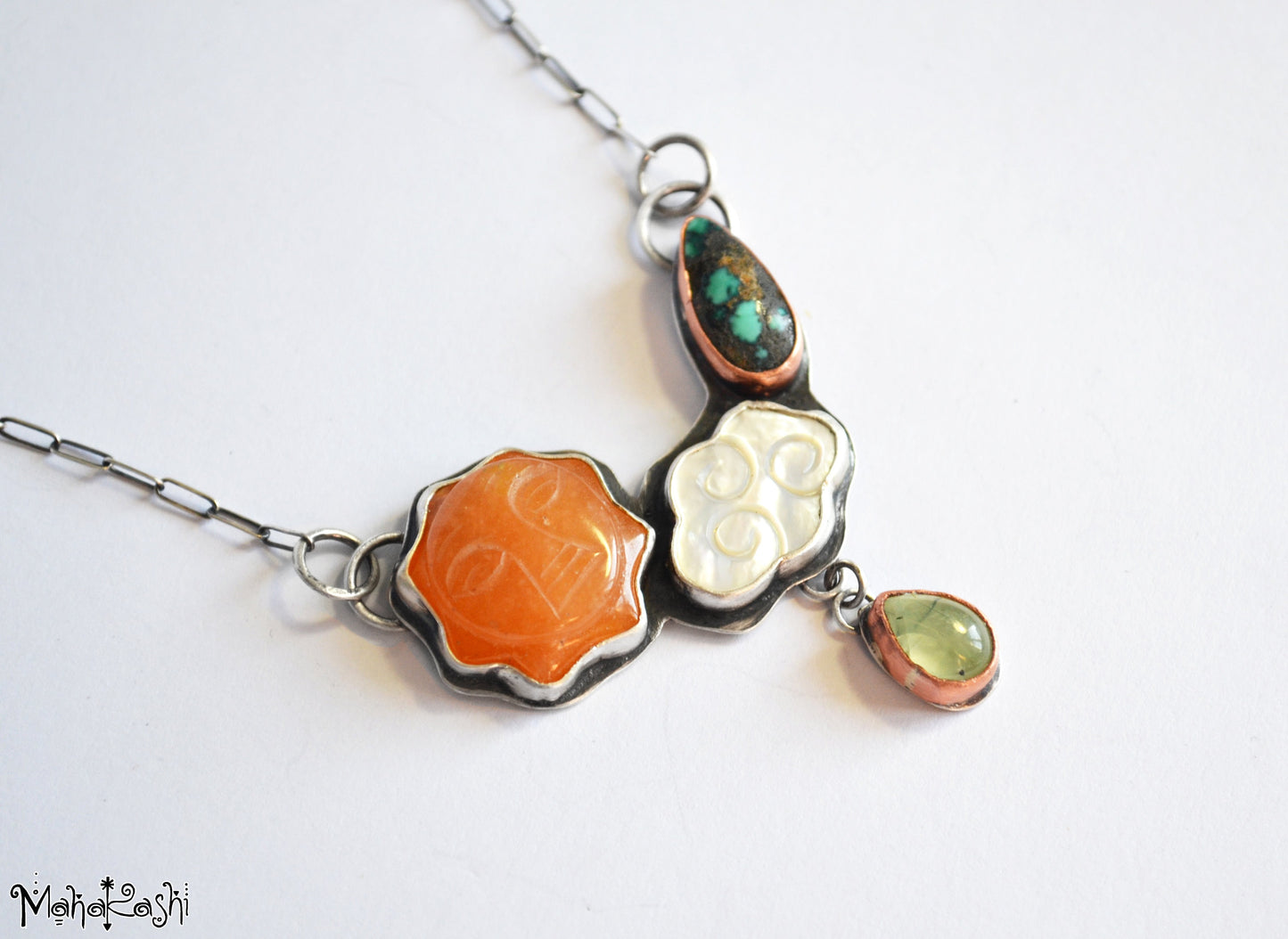 Sun and cloud necklace with Agate sun,Turquoise, Mother of pearl and Prenhite