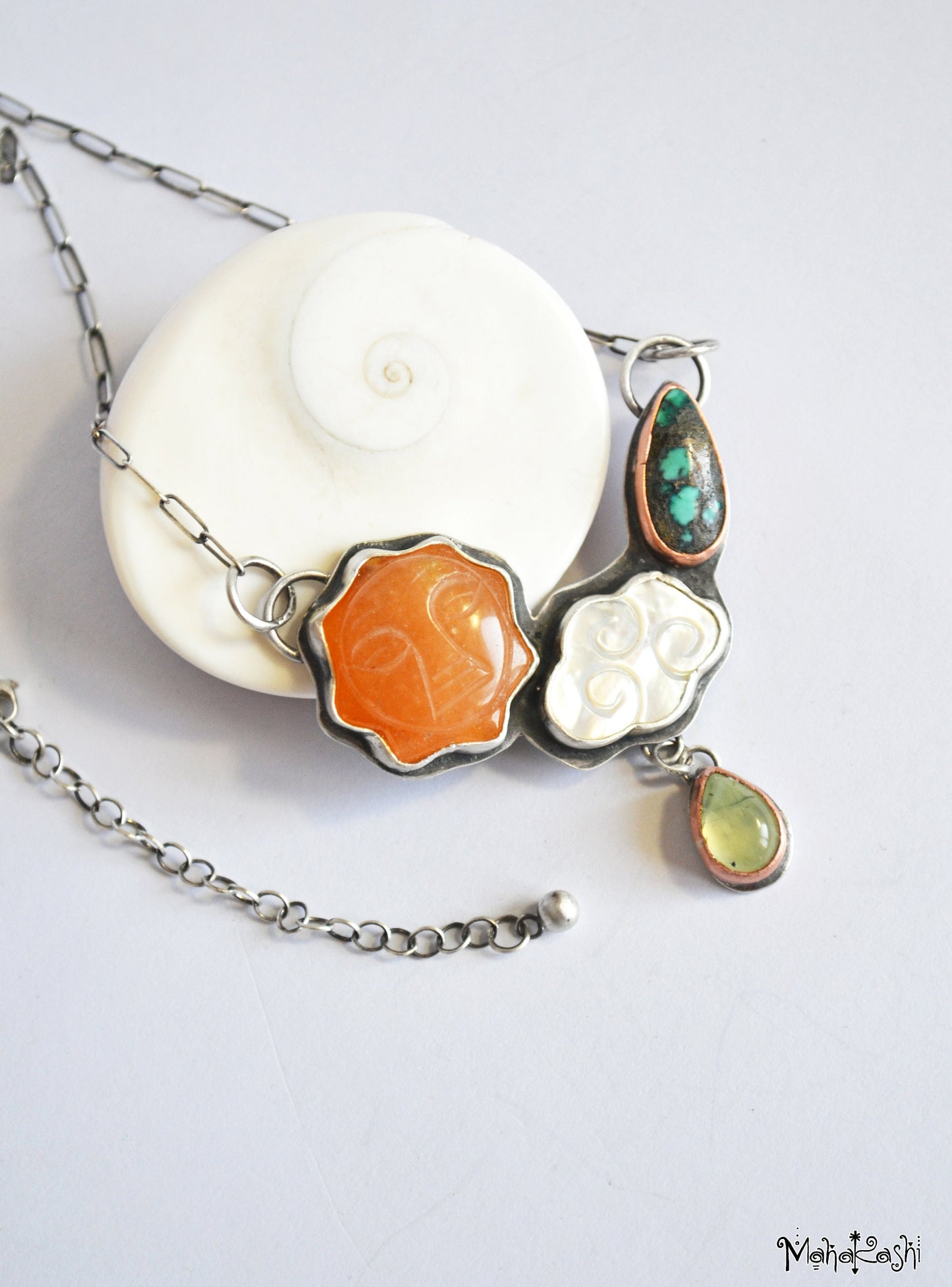 Sun and cloud necklace with Agate sun,Turquoise, Mother of pearl and Prenhite