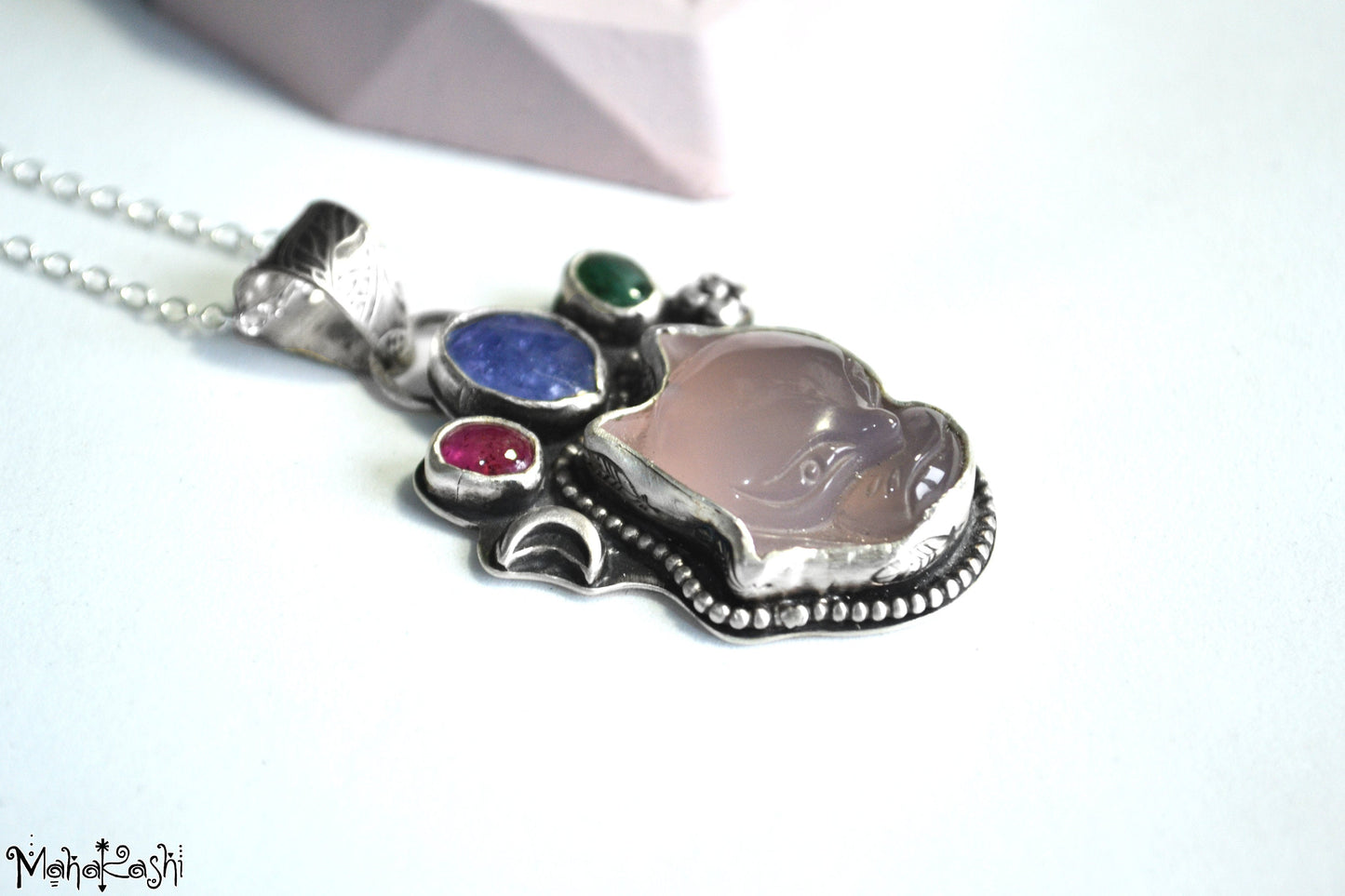 Fox pendant with Agate, Tanzanite, Emerald and Sapphire
