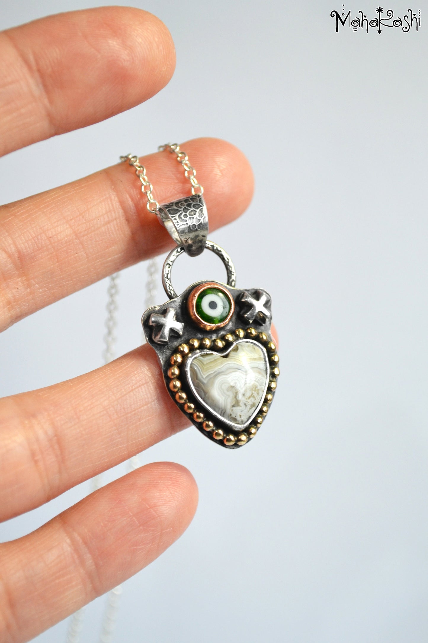 Heart pendant with crazy lace Agate and glass evil eye