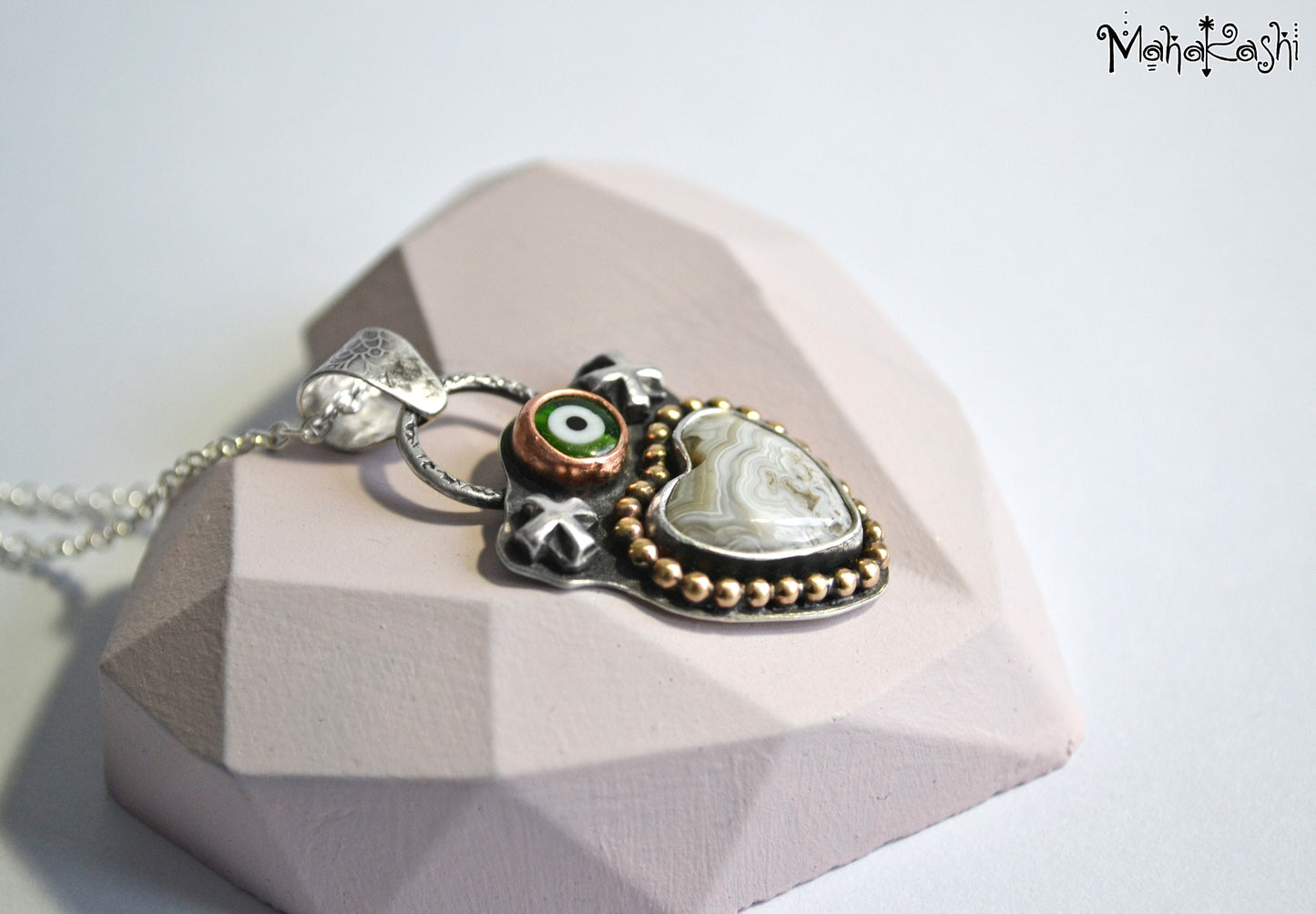 Heart pendant with crazy lace Agate and glass evil eye