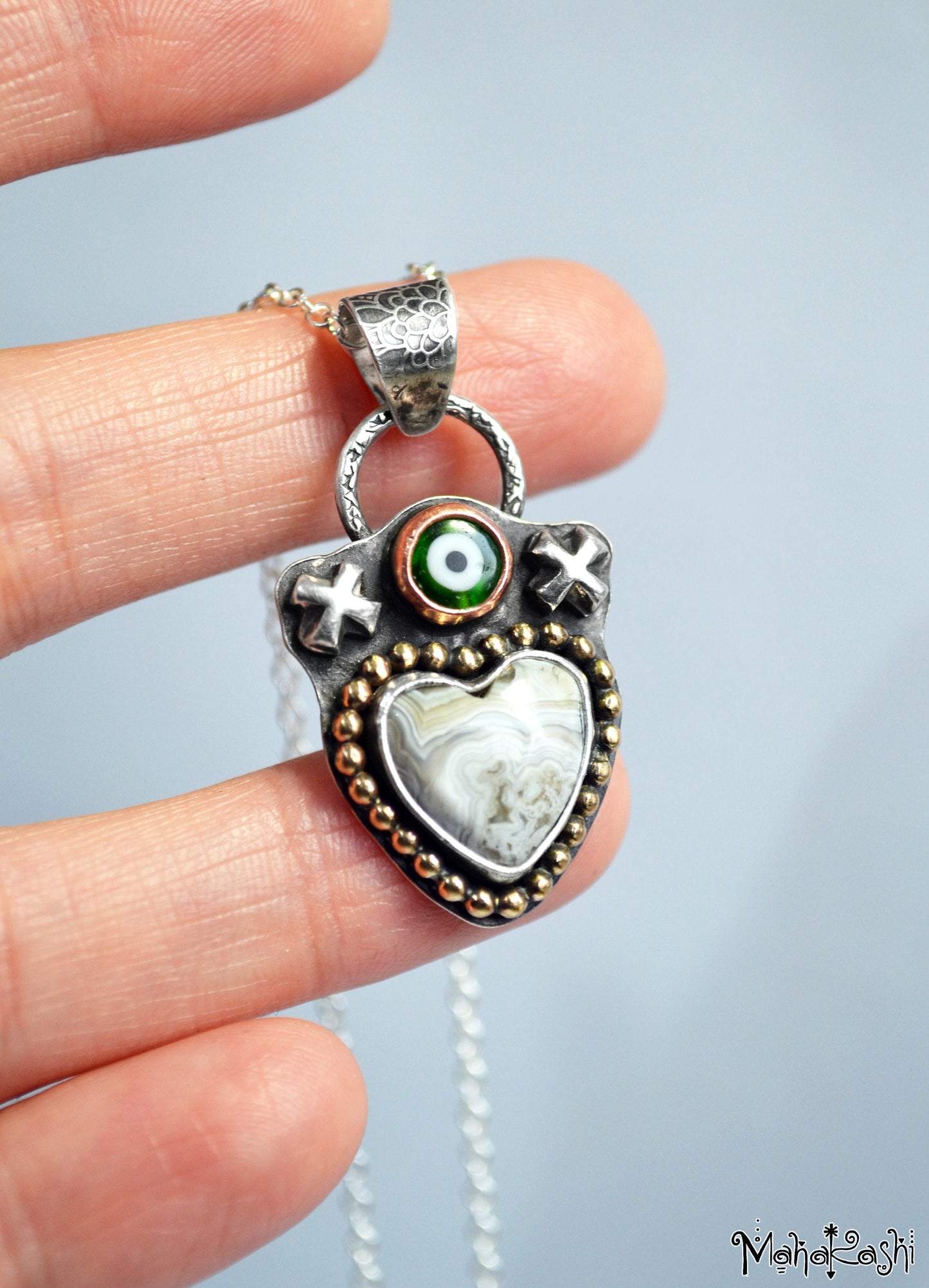 Heart pendant with crazy lace Agate and glass evil eye