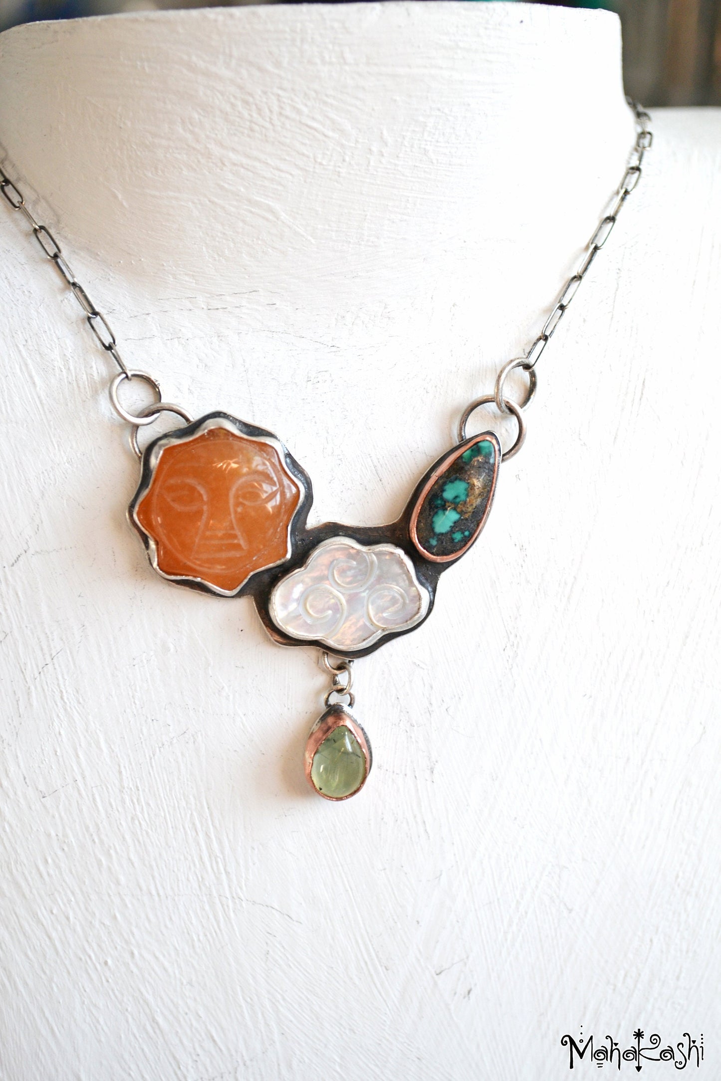 Sun and cloud necklace with Agate sun,Turquoise, Mother of pearl and Prenhite