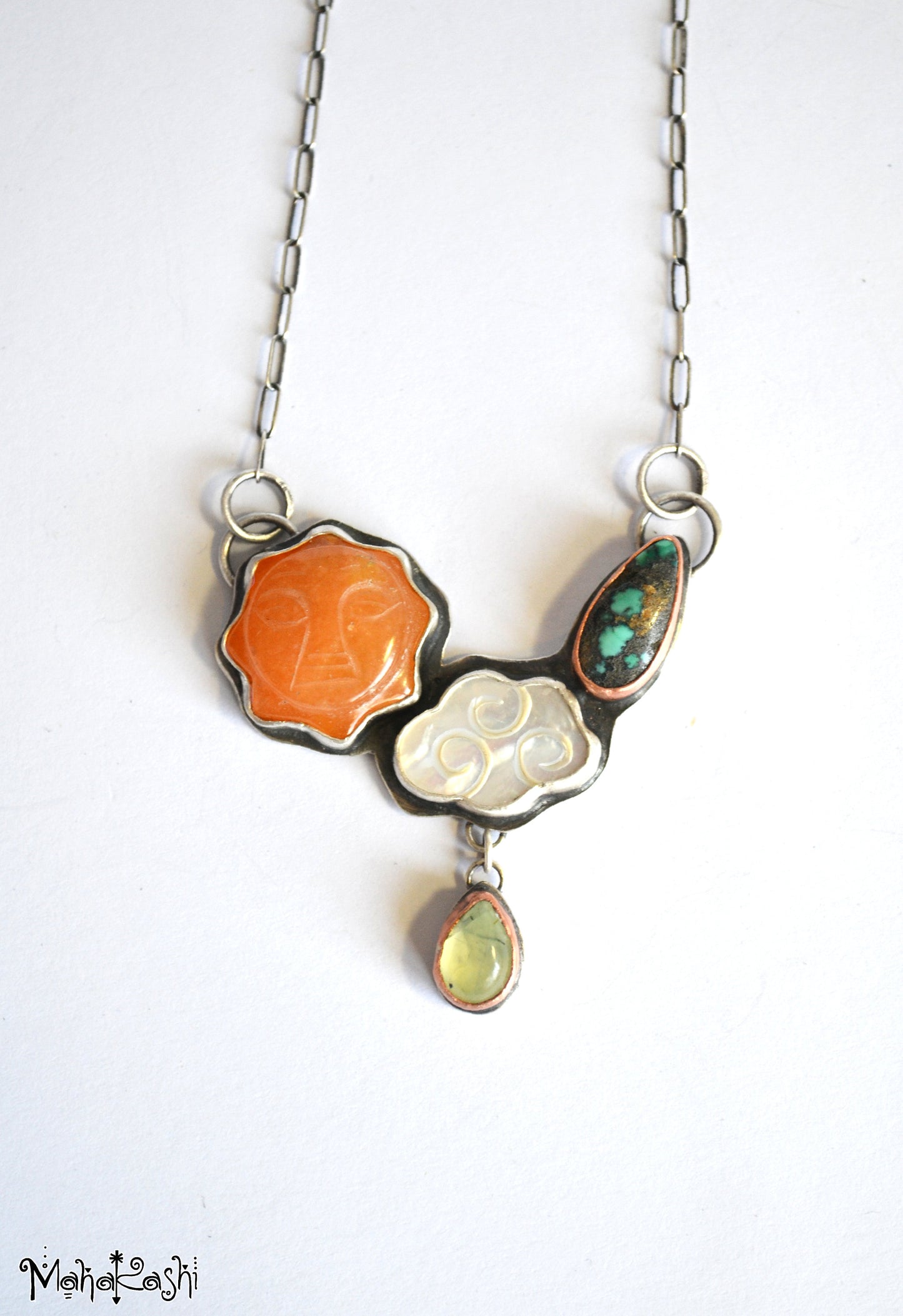 Sun and cloud necklace with Agate sun,Turquoise, Mother of pearl and Prenhite