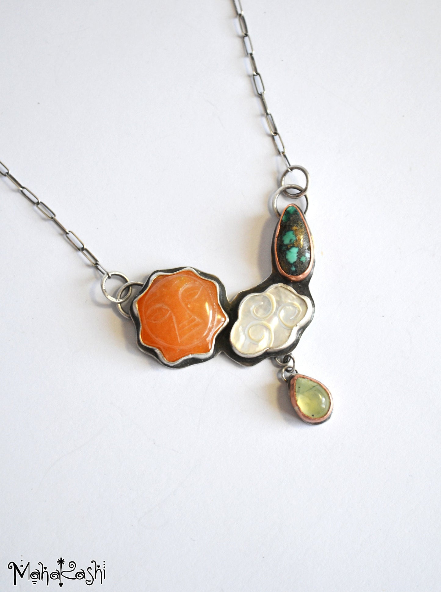 Sun and cloud necklace with Agate sun,Turquoise, Mother of pearl and Prenhite