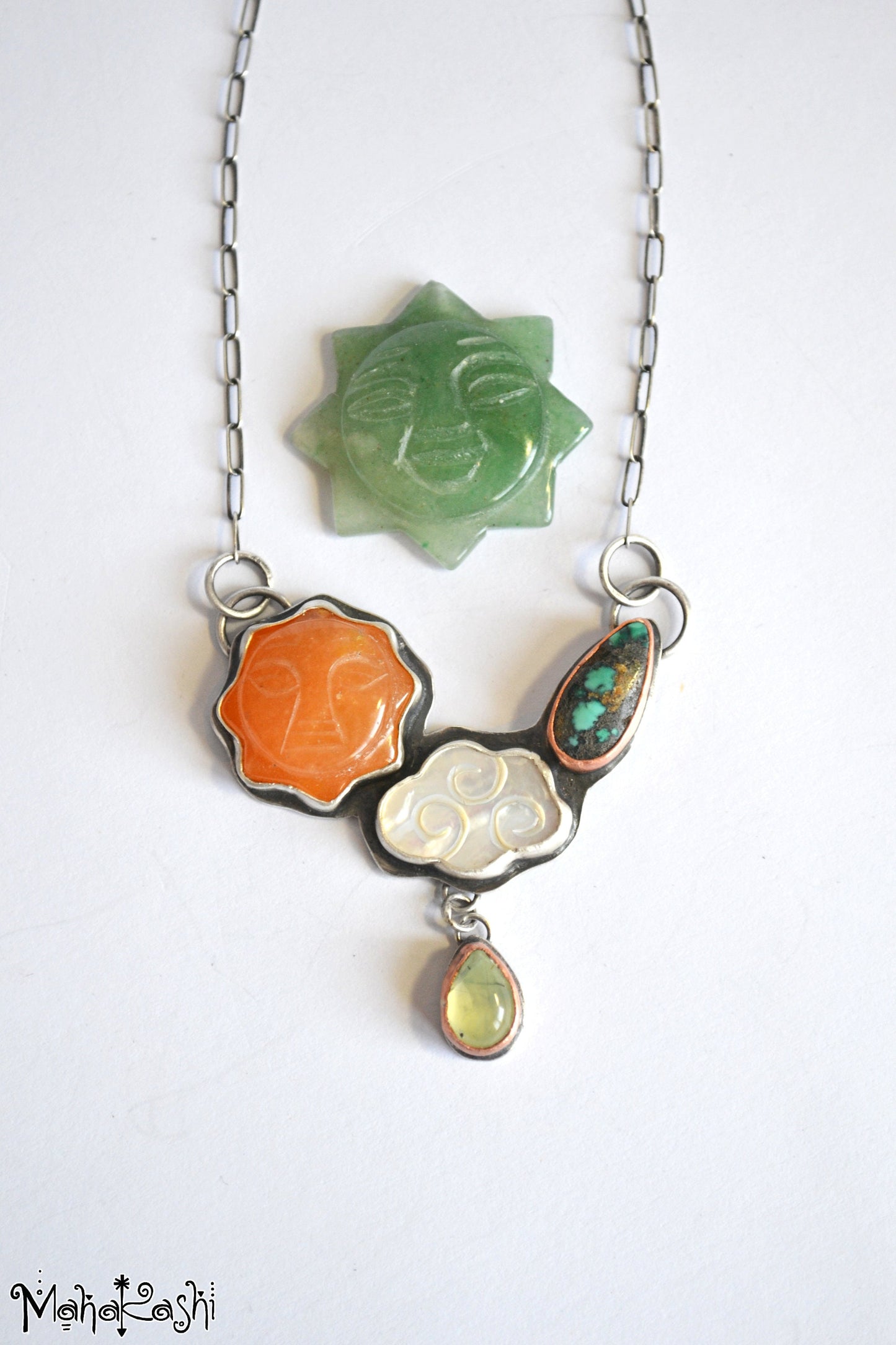 Sun and cloud necklace with Agate sun,Turquoise, Mother of pearl and Prenhite